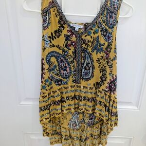 Patrons Of Peace Boho Hippie Yellow Paisley Print Hi-Lo Ruffle Hem Top Size S